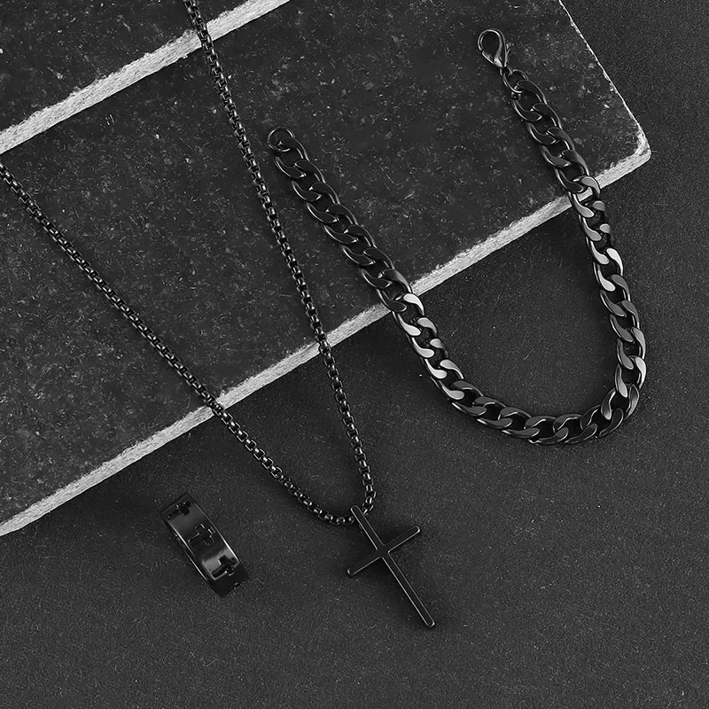 Black Titanium Steel Cross Pendant Necklace for Men Women Minimalist Male Female Chokers Box Chain Necklace Party Jewelry Set jewelry sets jewelry set chain necklace