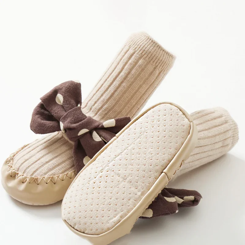 Cute Bow Anti-slip Newborn Floor Socks Spring Autumn Thermal Calf Home Slippers Stockings for Toddler Infant Baby Girls Clothes