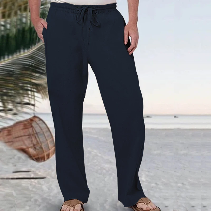 2024 Men's Cotton Linen Trousers Fashion Solid Color Elastic Waist Loose Straight Leg Pants Cropped Trousers Summer Casual Pants