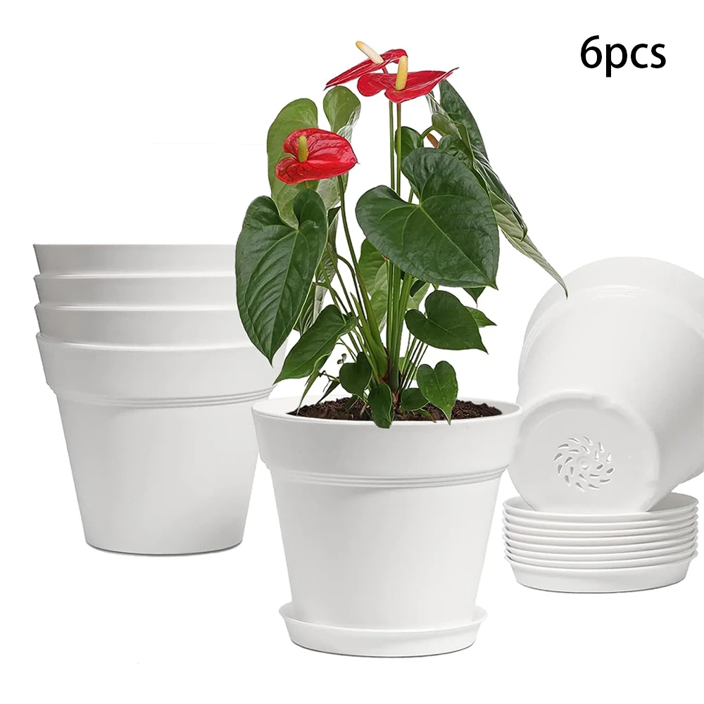 6 חבילות כריות צמחים בגודל 7 אינץ 'לצמחים פנימיים וחיצוניים, כריות פרחים עם חורי ניקוז וצלחות, תוכניות פלסטיק דקורטיביות