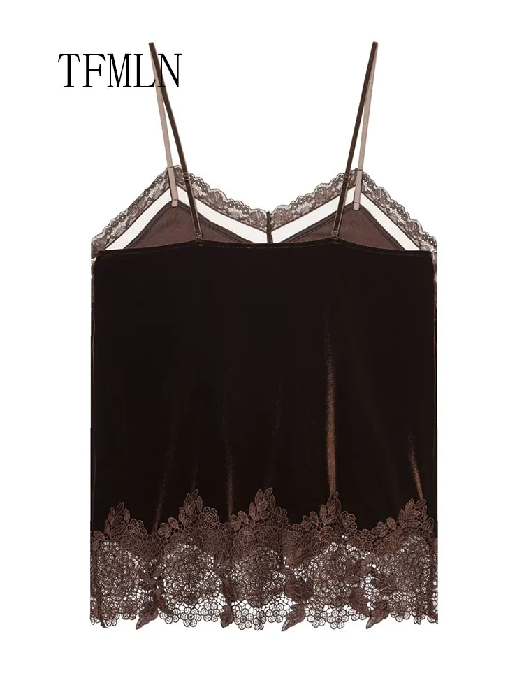 Fashion Women Velvet Lace-trim Camisole Tops 2026 Spring Summer Sleeveless Backless Sexy Underwear Tops Elegant Soft Strap Tops