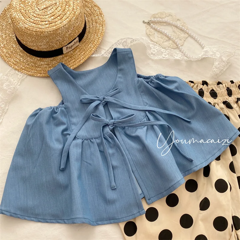 

2023 Summer New Children Sleeveless Shirts Baby Girl Solid Casual Top Toddler Cute Tencel Denim Strap Ties Vest Kids Clothes