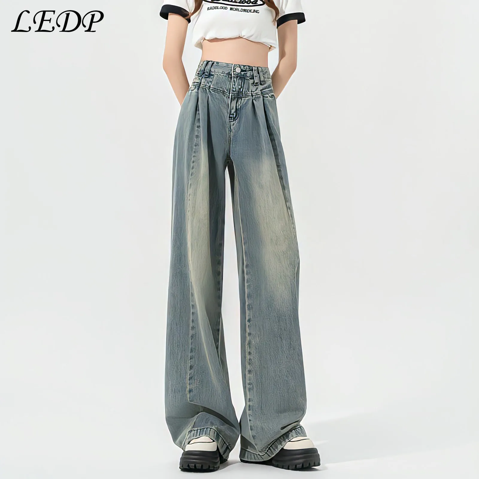 LEDP New Loose Straight Leg Jeans High Waist Casual Wide Leg Y2k Baggy Pants Fashion Hip Hop Vintage Style Summer Trousers