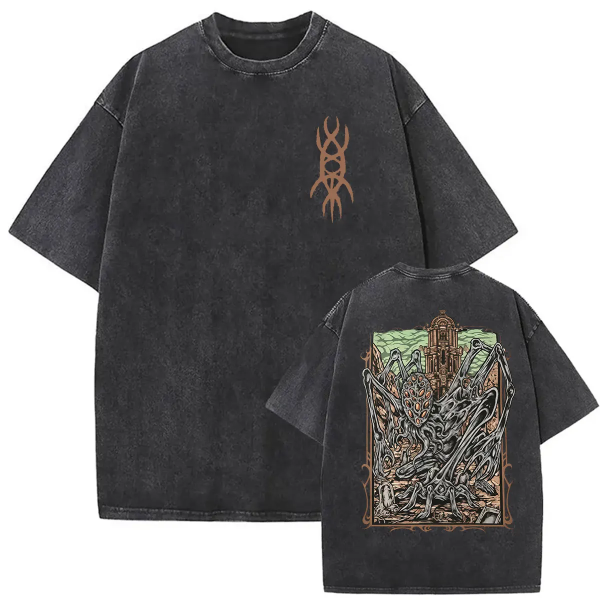 Vintage Washed Game Bloodborne Amygdala Grafik-T-Shirts für Männer und Frauen, Harajuku-Mode, hochwertiges Kurzarm-T-Shirt, Streetwear