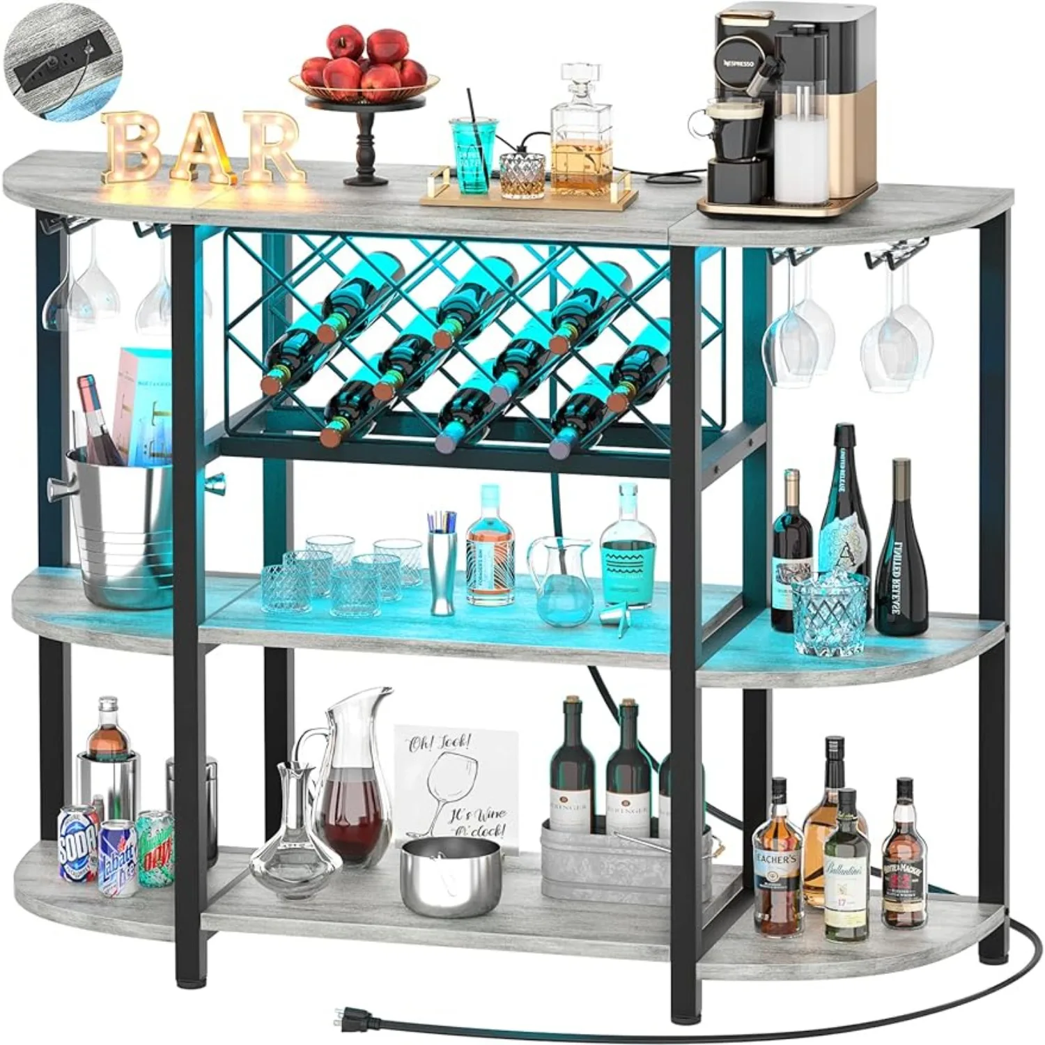 

4-Tier Metal Coffee Bar Cabinet with Outlet and LED Light, Freestanding Floor Table for Liquor Glass Holder Wine Rack Storage