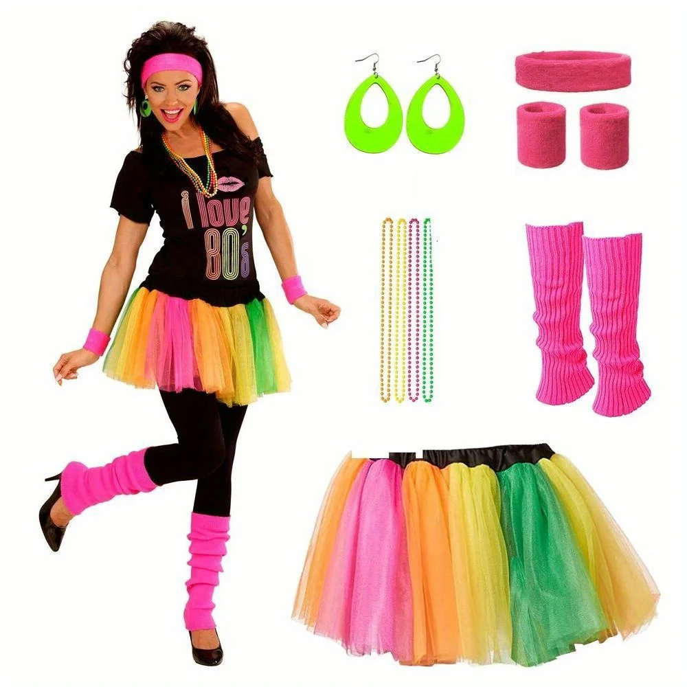 A full set of ladies' 80s costume sets' 80s party girl T-shirts rainbow dresses girls fancy dress holiday costumes line up