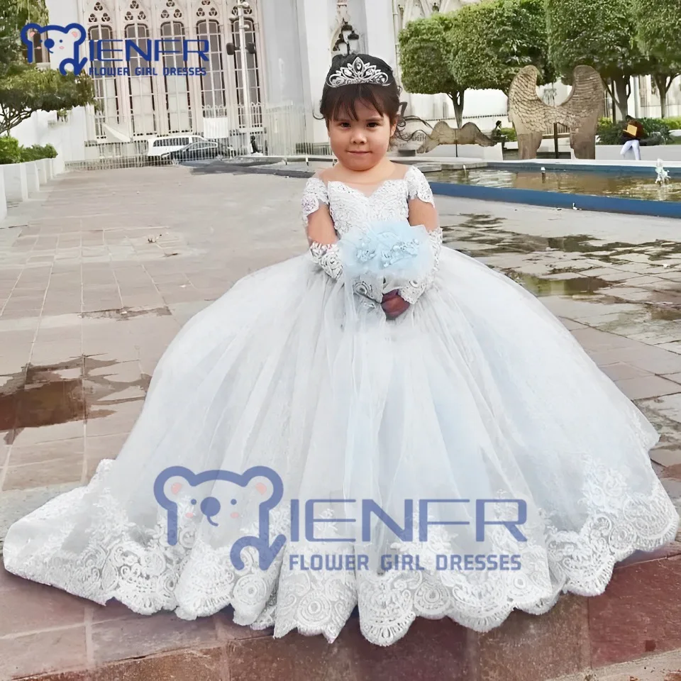 

2023 Custom Flower Girl Dresses for Wedding White Lace Appliqued Puffy Long Sleeves Toddler Pageant First Communion Dresses