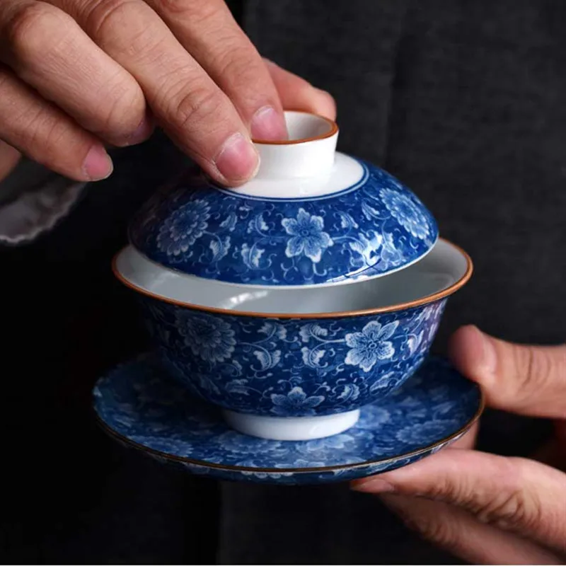 Chinese ceramics tea tureen hand painted blue and white porcelain gaiwan travel portable teaware household drinkware teacup