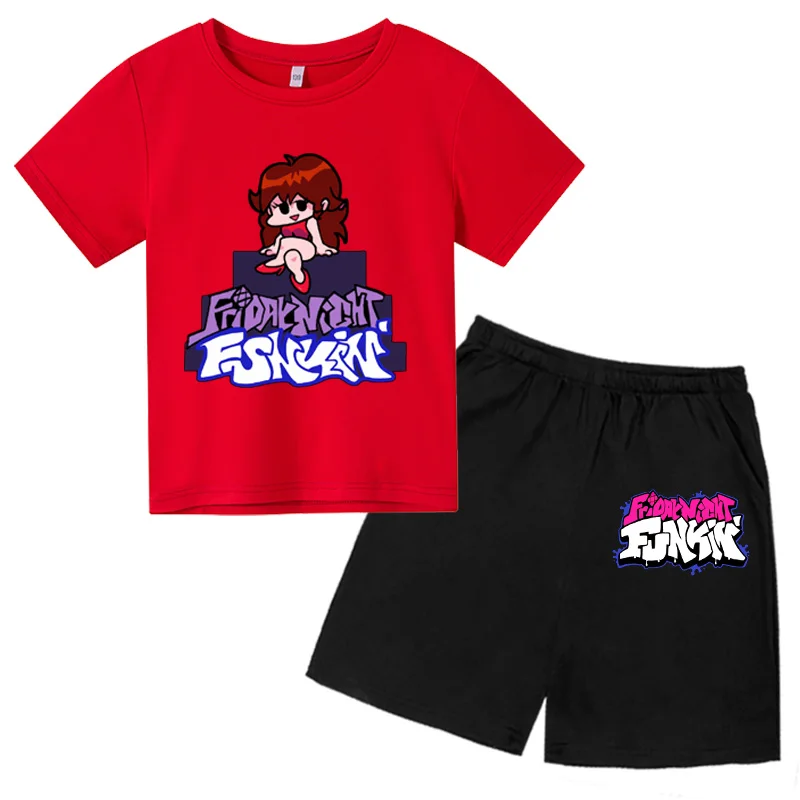

Children's cotton T-shirt casual short sleeved 2-12 year old boys and girls Friday night guest summer round neck top+shorts