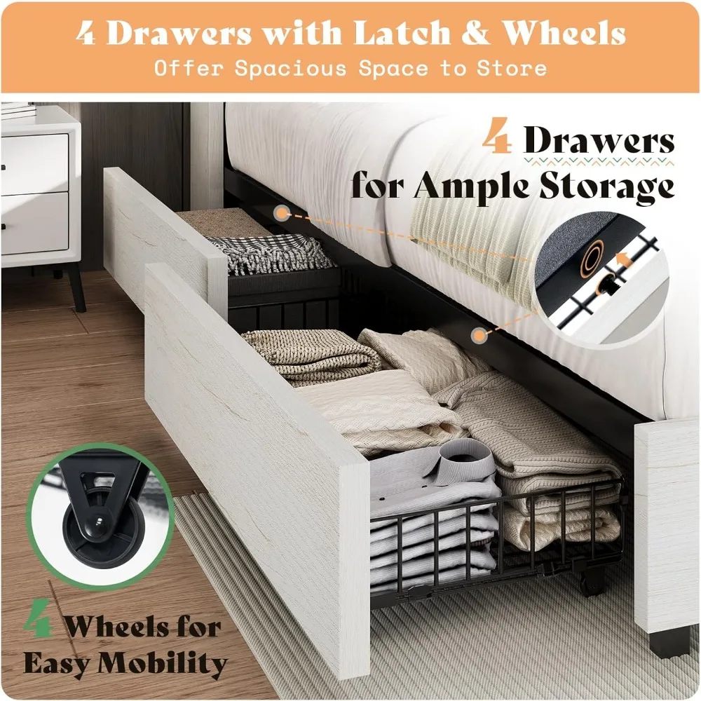 Extra Large Bed Frame with 4 Storage Drawers, Cushioned Bed Frame, 47.2 in Bookshelf Headboard, Charging Station 4