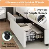 Extra Large Bed Frame with 4 Storage Drawers, Cushioned Bed Frame, 47.2 in Bookshelf Headboard, Charging Station 4