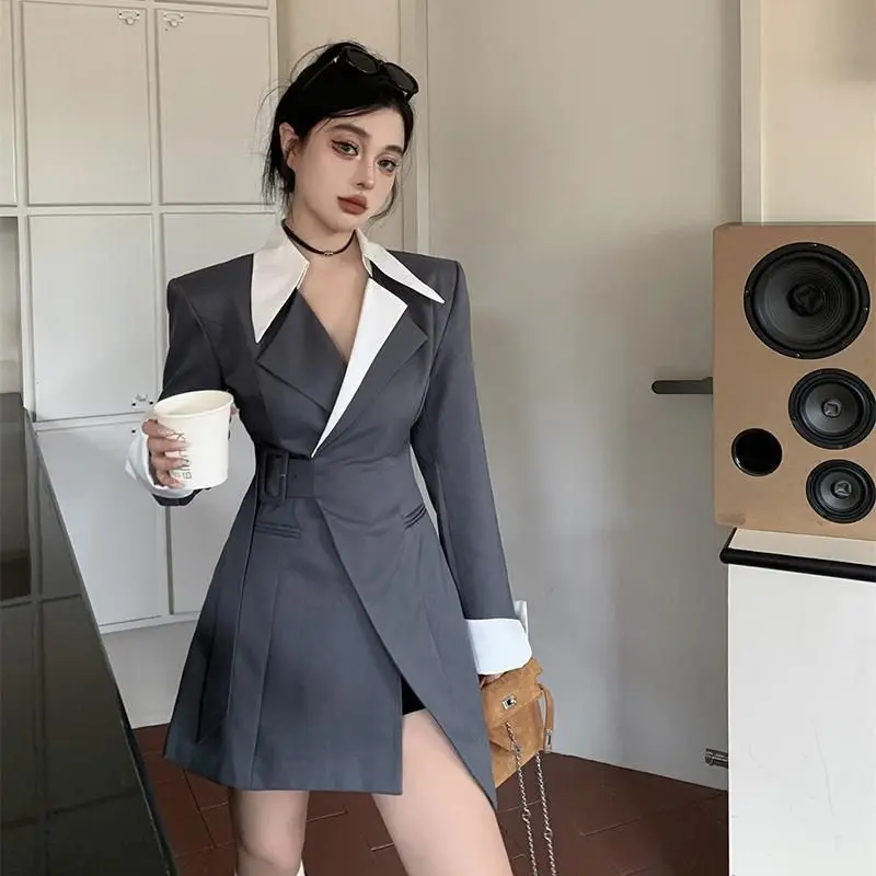 

Lnsozkdg Contrasting Colors Blazer Dresses Women Notched Collar Long Sleeve Patchwork Belt Temperament Blazers Female Fashion