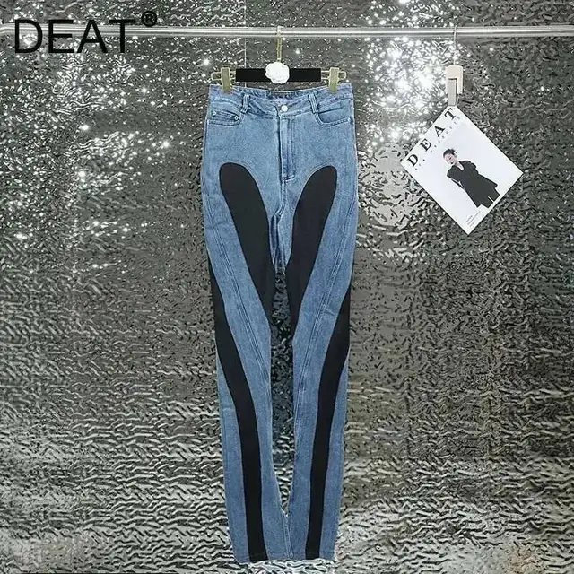 DEAT 2026 Nouvelle Collection Automne – Jean Femme Patchwork Contraste de Couleurs, Taille Haute Extensible, Fendu, Long – 1DF2575 1