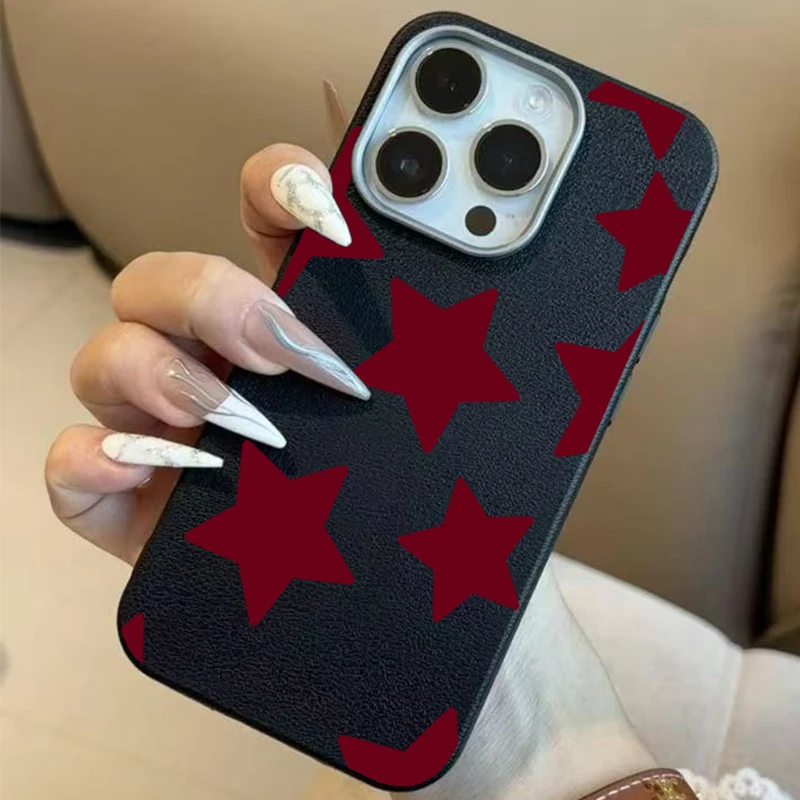 Red Stars Lychee Pattern Soft Phone Case Cover
