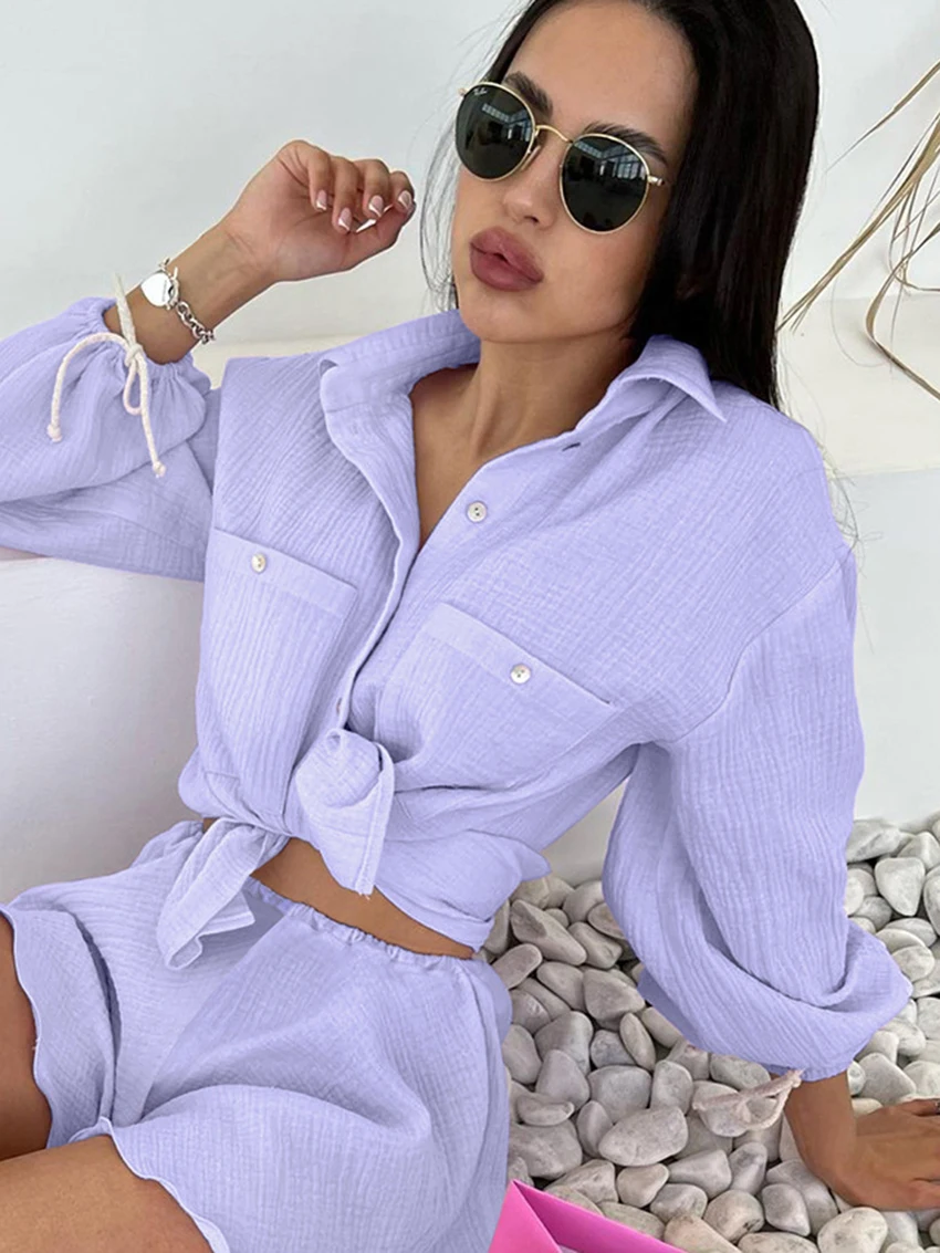 Marthaqiqi Cotton Ladies Pajamas Set Long Sleeve Nightgowns Turn-Down Collar Nightwear Shorts Casual Women Nightie 2 Piece Suit
