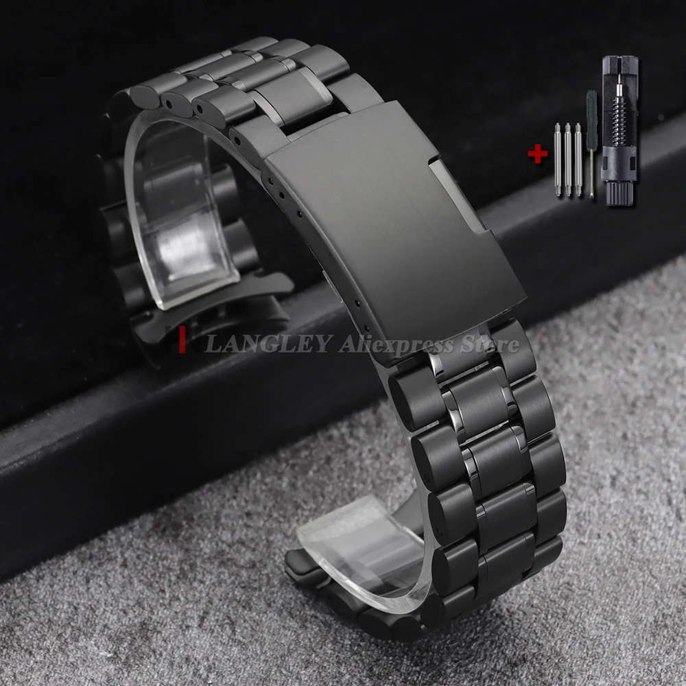 Sleek Stainless Steel Curved-End Watch Strap with Folding Buckle
