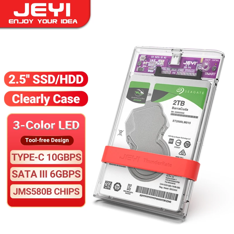 JEYI 2.5 Hard Drive Enclosure Clearly Case USB 10Gbps to SATA III/II/I External Hard Disk Case for 9.5/7mm HDD SSD Support UASP transparent 2 5 usb 3 0 type c sata hdd box hdd hard disk drive external hdd enclosure case tool free 5 gbps support 2tb uasp