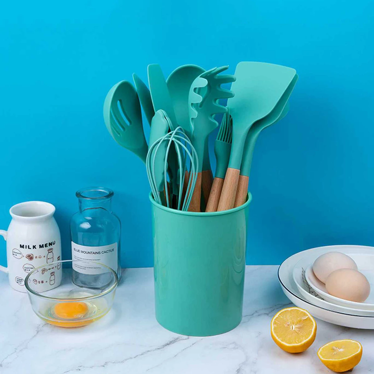 12PCS Food Grade Silicone Kitchen Cookware Utensils Turner Spatula Measuring Spoon Practical Cooking Tool Kitchenware Set