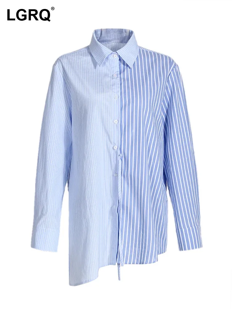 

Женская рубашка в полоску DEAT, однобортная свободная Асимметричная блузка контрастных цветов с лацканами и шнуровкой, 7AB009, лето 2024