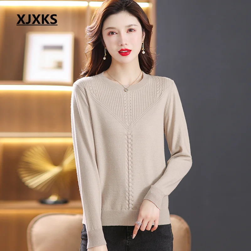 

XJXKS 2023 Spring Autumn Winter New Round Neck Long-sleeved Women's Sweater Soft Wool Knit Pullover Temperament Solid Color