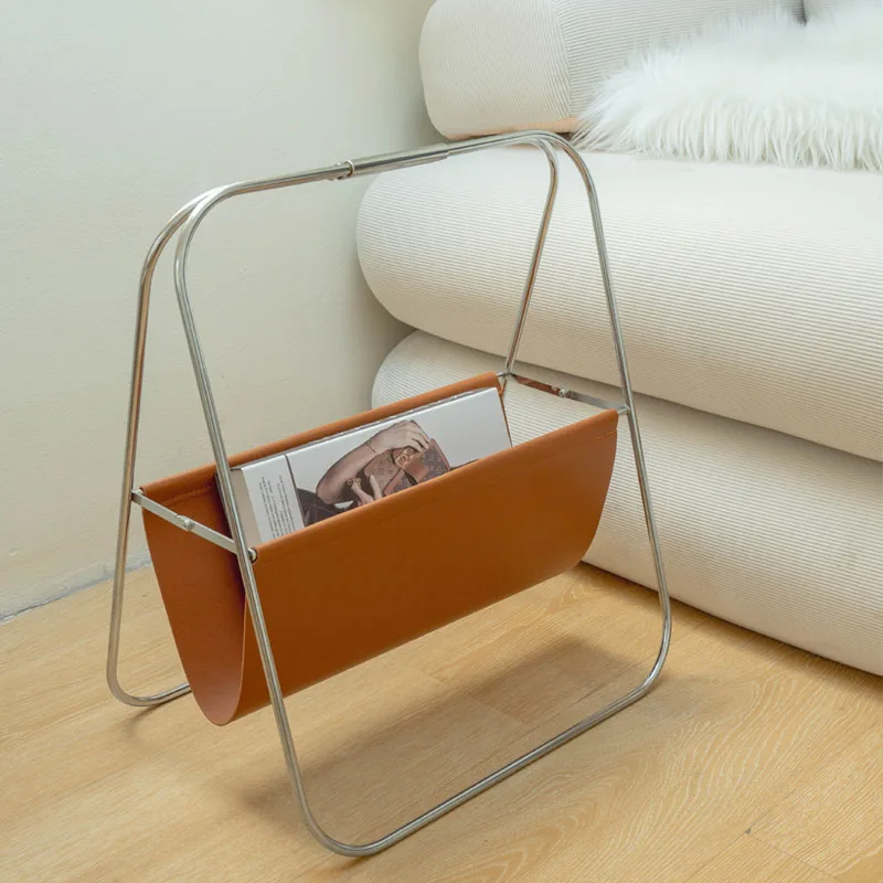 Nordic Vintage Metal Leather Magazine Rack MidCentury Foldable Newspaper Holder Floor Standing Book Storage Shelf Furniture FYMR