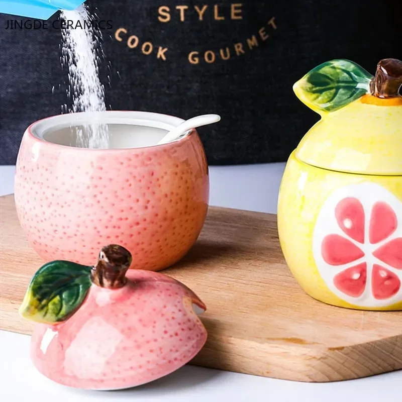 Creative Ceramic Seasoning Jar Bottle Kitchen Decoration Racks Fruit Melon Shape Spices Storage Tank Sugar Bowl with Lid &Spoon
