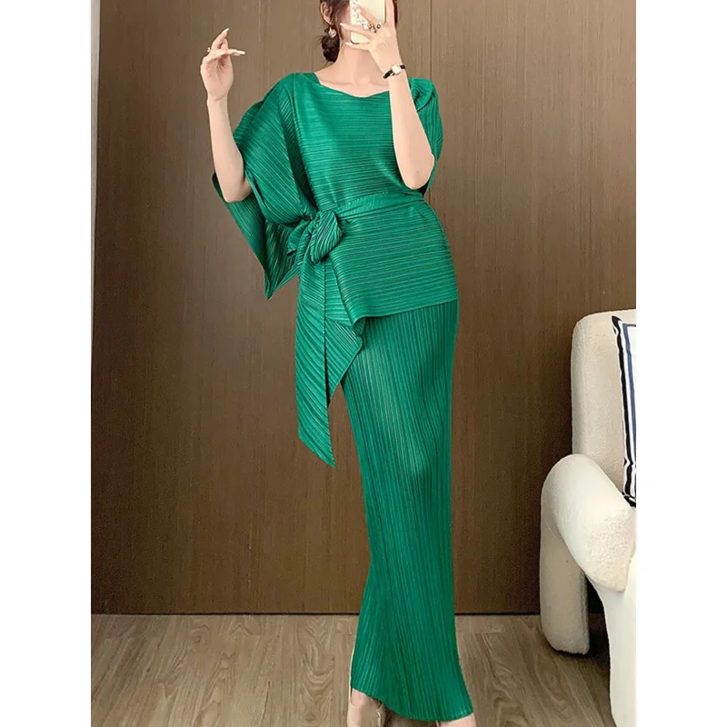 DUOSHA Two Piece Set Women's Long Pleated Suspender Dress With Shawl Belt Top Female High End Fashion Sets 2023 New D1028117