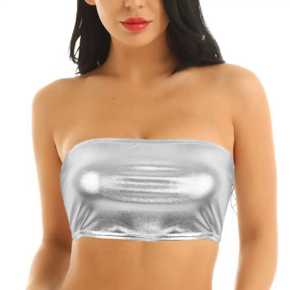 Women Sexy Tube Top Solid Color Shiny Strapless Cropped Tube Top Party Club Bandeau Bra women tube tops