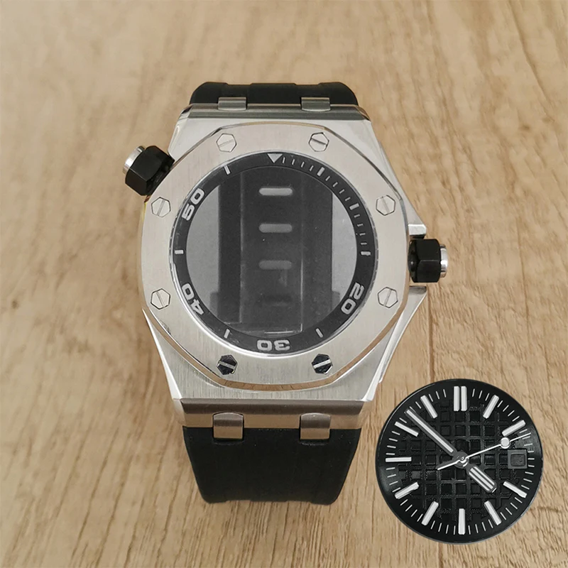 

42mm Watch Case Sapphire Crystal Glass Install a rubber Strap Fits 8215 2813 Movement Transparent Back Men's Watch Cases
