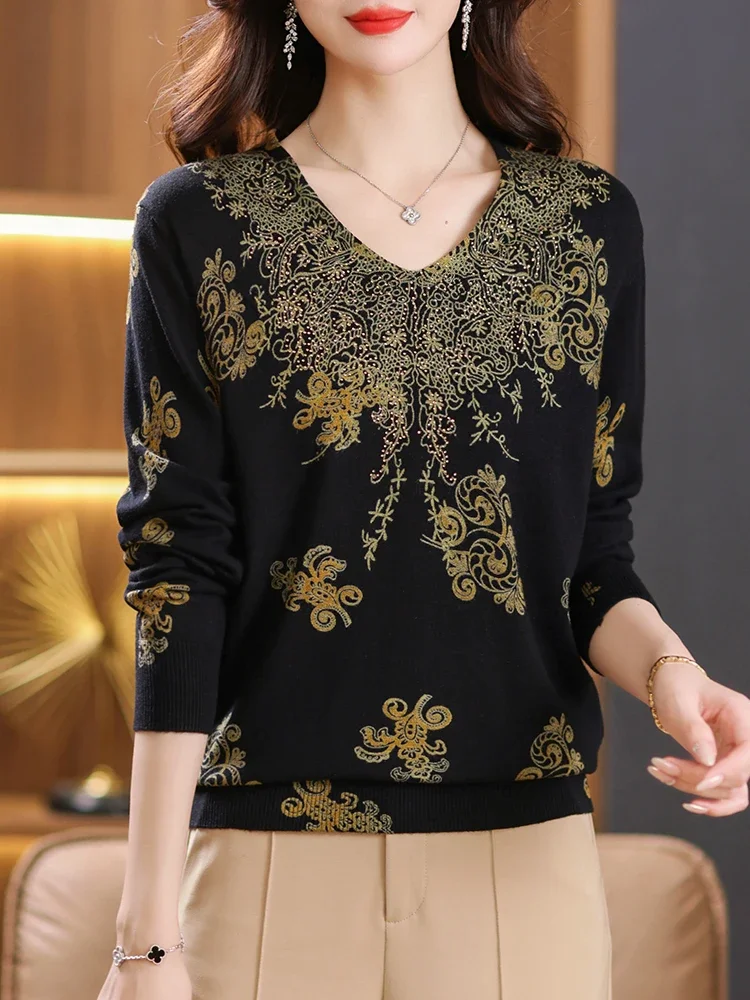 

Женские свитера с геометрическим принтом, весна-осень, корейские модные пуловеры, Топ с длинным рукавом, блузы, женская трикотажная одежда с V-образным вырезом, свитер