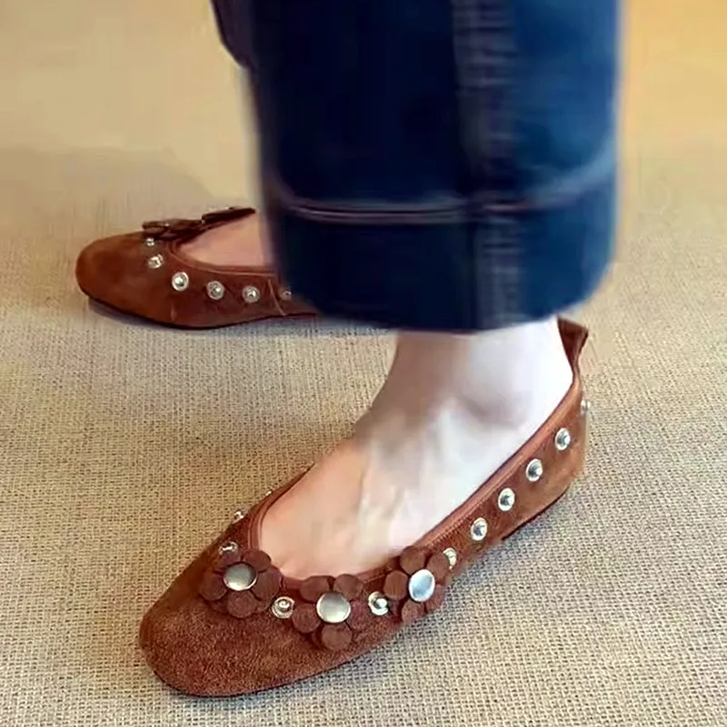 Brown Metal Button Flower Decoration Ballet Flats women Faux Suede Design Loafers Elegant Comfortable Mary Jane Shoes for Women 24 Brown Metal Button Flower Decoration Ballet Flats women Faux Suede Design Loafers Elegant Comfortable Mary Jane Shoes for Women - Image 6