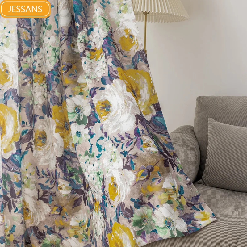 

Chinese Style Oil Painting Plant and Flower Printing Sunscreen Curtains for Living Room Bedroom French Window Customized Balcony