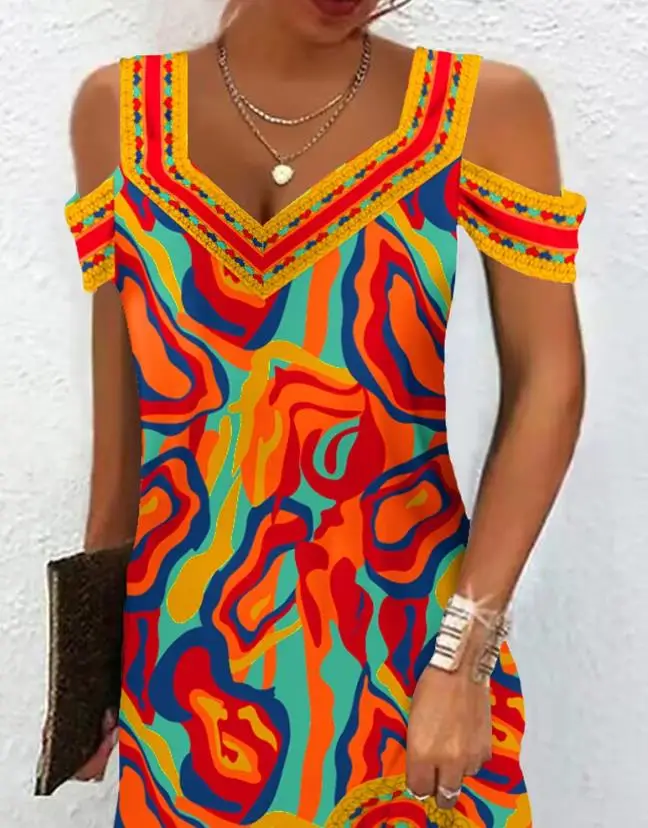 

Women's Summer 2023 New Hot Selling Short Sleeve Mini Multi Color Abstract Print Cold Shoulder Casual Dress