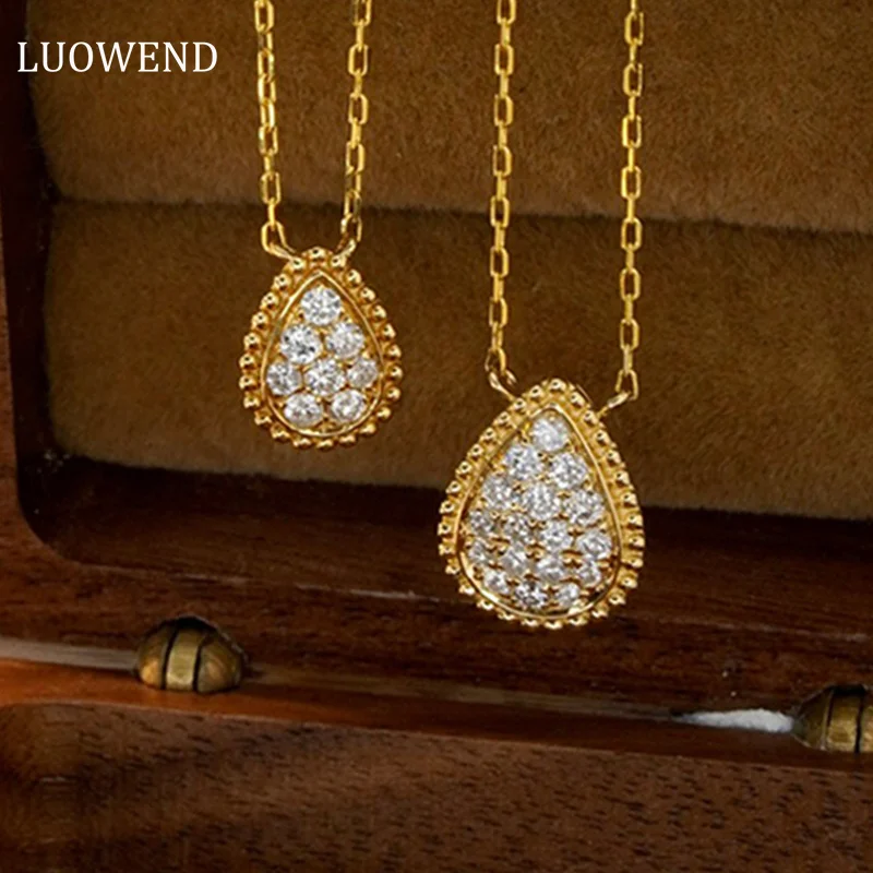 LUOWEND 18K Yellow Gold Necklace Real Natural Diamond Pendant Necklace for Women Wedding Classic Water Droplet Design Jewelry luowend 100% 18k white or yellow gold bracelet luxury natural diamond bracelet chain detachable fine for women jewelry gifts