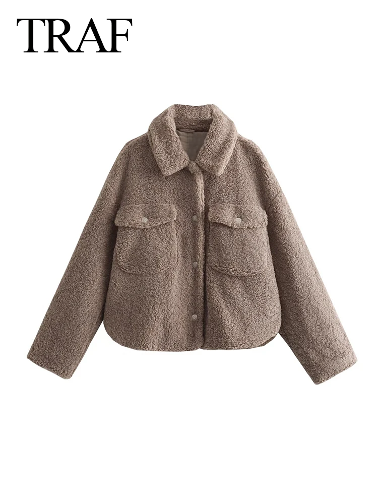 

TRAF 2023 Winter Ladies with Pockets Coat New Female Warm Outerwear Casual Fleece Jackets Women Chic Single-breasted Jacket