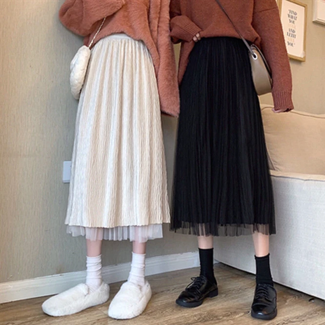 2021 Autumn Winter Woman Pleated Skirt New Mesh Double Side A-line Skirt Mid Length Skirt Versatile High Waist Slim Girl Black nike tennis skirt