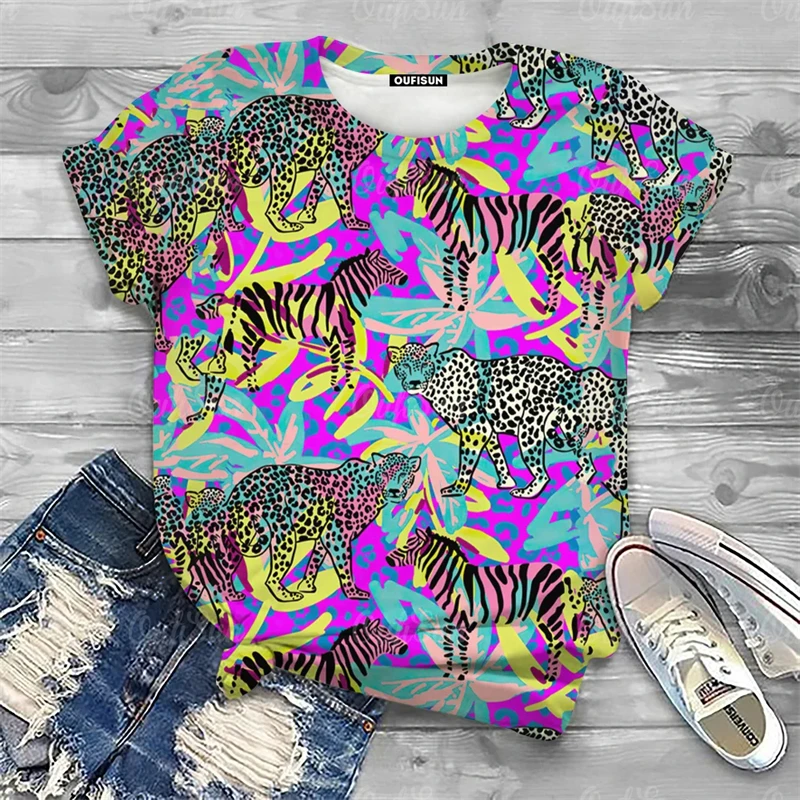 

2024 Tops Ladies Cheetah Tiger Print Women's T-Shirt Oversized Summer Womens Clothes Animal Graphic Short Sleeve Female Clothing