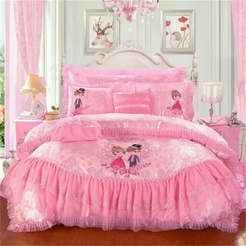 

Pink Princess Lace Deluxe Bedding Set Silk dyed cotton sheets Extra large down duvet cover pillowcase 4/8 PCS