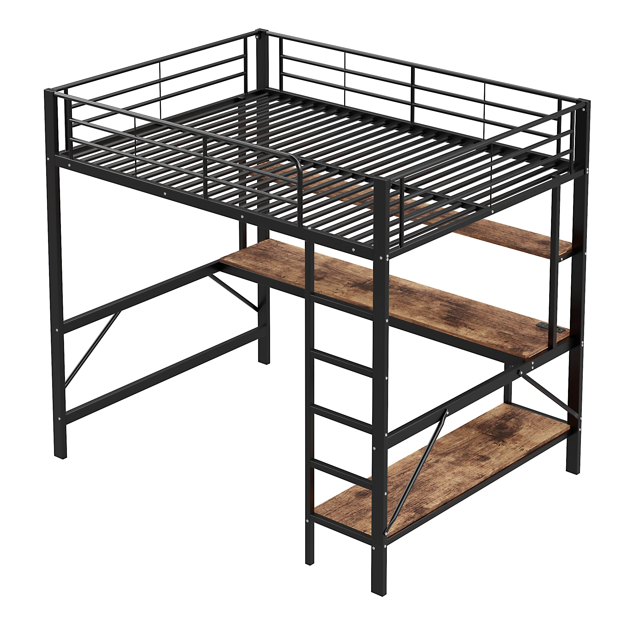 Hochbett, 140*200 cm, Geländer, Leiter, mit USB- und Steckdosenanschluss, mit LED-Beleuchtung, Schreibtisch, mehrstufiges Regal, ohne Matratze – Detail 12