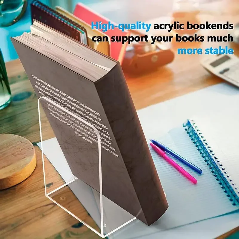 L-Shaped Transparent Acrylic Bookends Stand Bookshelf Desktop Decorative Storage Rack Holder School Stationery