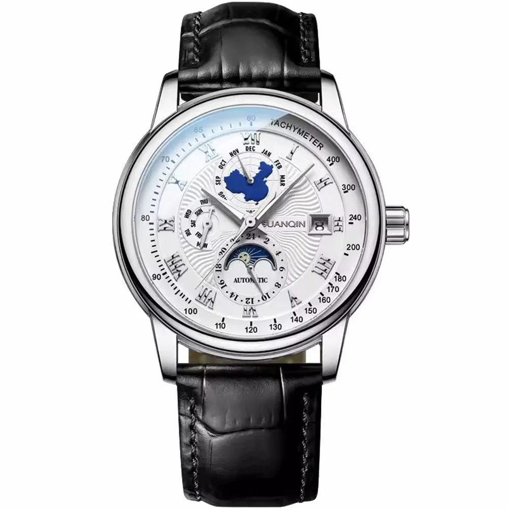 GUANQIN Reloj de pulsera mecánico de cuero luminoso con cristal de zafiro y fase lunar para hombre, relojes deportivos, reloj de pulsera automático multifunción_voghion.com