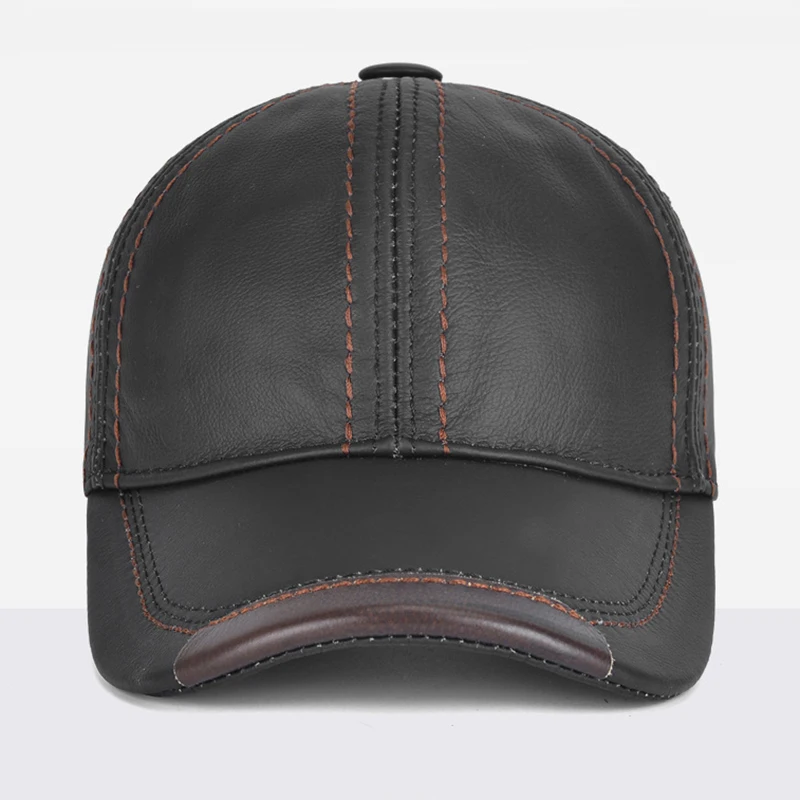 Men Real Cowhide Leather Earlap Caps Male Fall Winter 100% Real Cow Leather Hats New Casual Real Leather Outdoor Baseball Cap 2