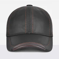 Men Real Cowhide Leather Earlap Caps Male Fall Winter 100% Real Cow Leather Hats New Casual Real Leather Outdoor Baseball Cap 2