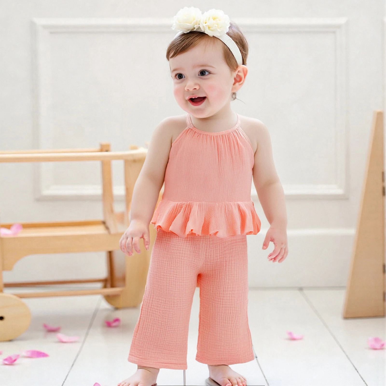 Summer Cotton Linen Baby Girl 2Pcs Summer Outfits Sleeveless Ruffle Cami Tops + Wide Leg Pants Set Casual Toddler Clothes Set