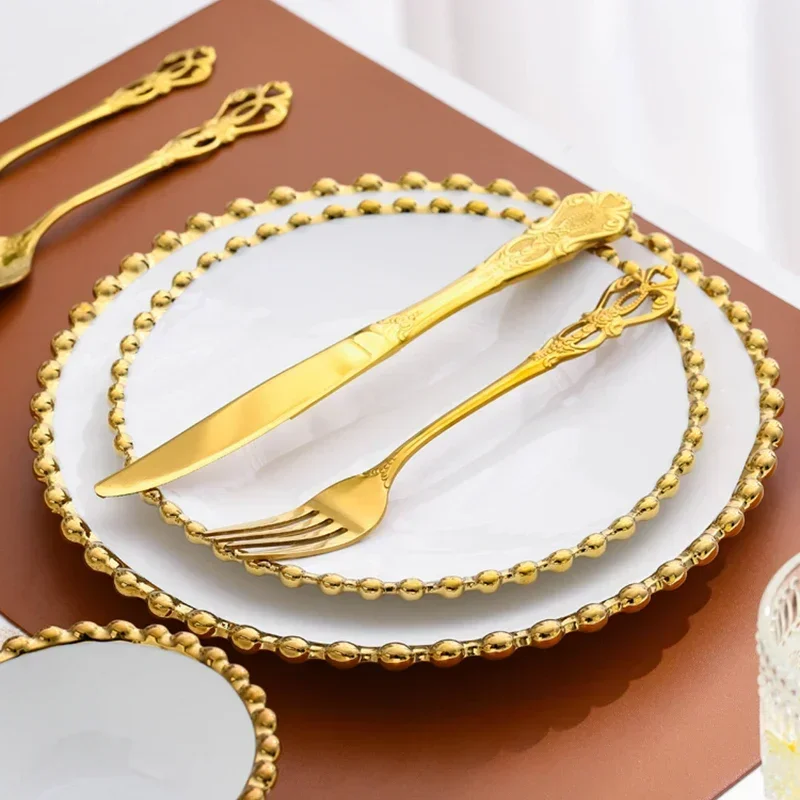 White Ceramic Dinnerware Home Set Hotel Round Plates Dinner and Soup Bowls Salad Wedding Party Dishes Serving with Gold Rim
