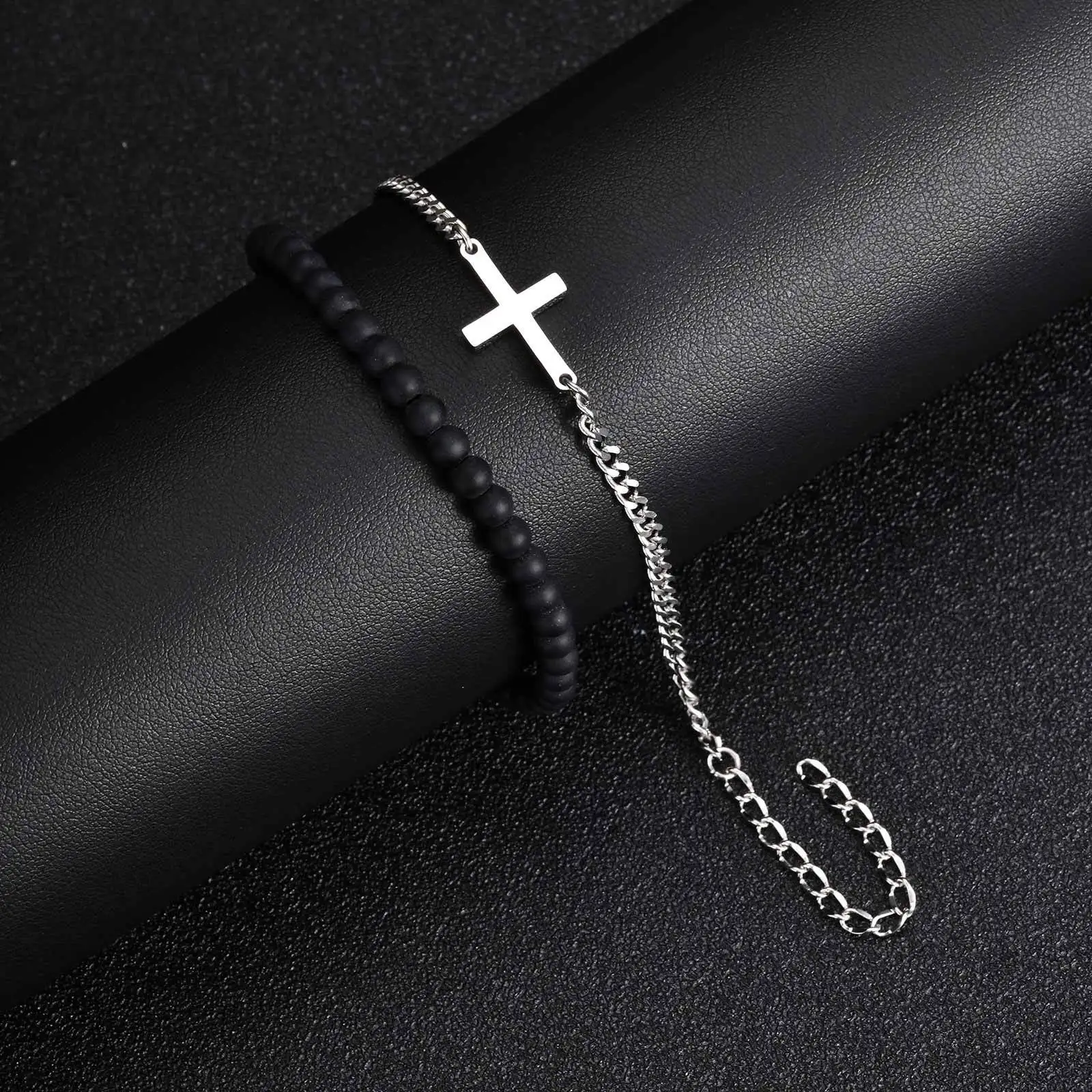 2pcs/set Cross Chain Bracelet for Men,Casual Black Natural Stone Beaded Adjustable Wristband,Jewelry Gift for Husband Dad BBF