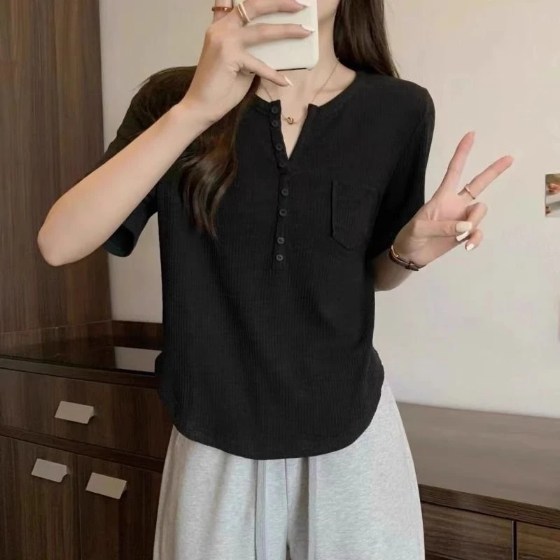 

LKSK Summer New Loose and Slimming Oversized Women's Clothing Design Sense Pocket Short Sleeved T-shirt Bottom Top for Women
