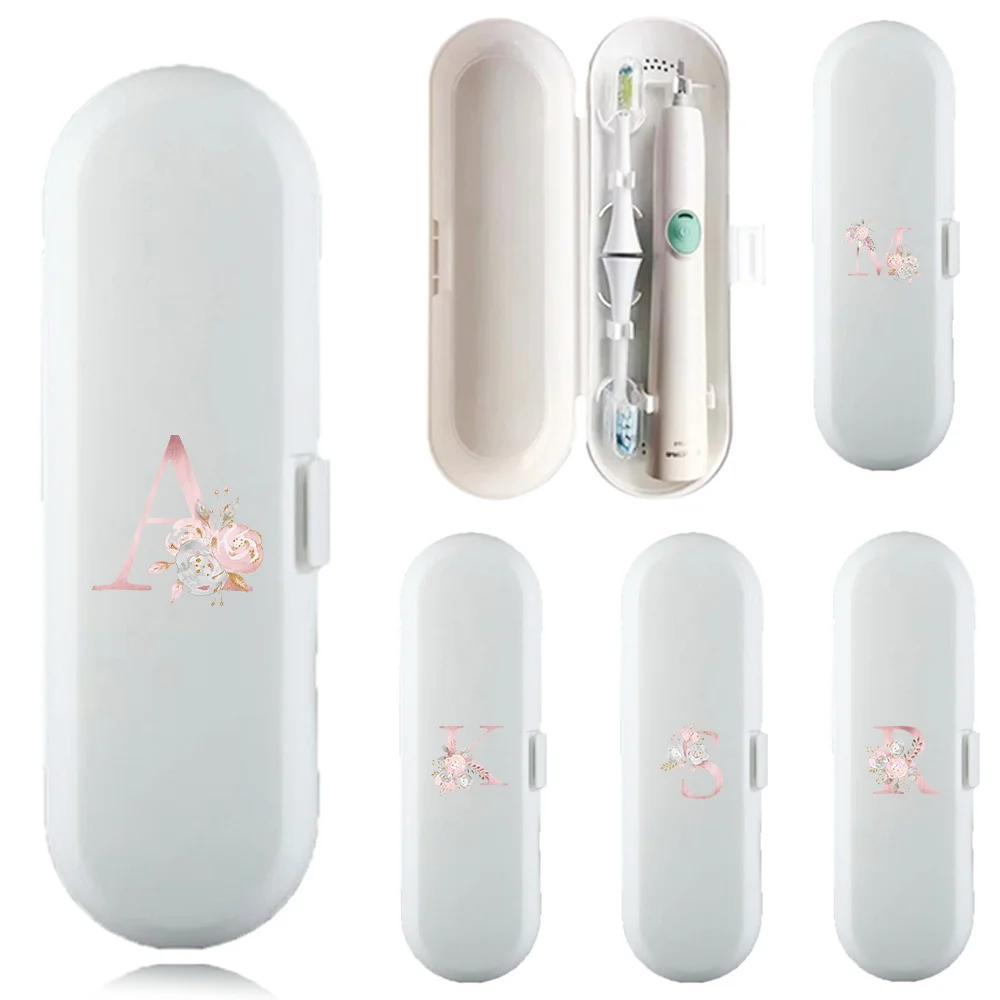 Portable Electric Toothbrush Dustproof Storage Box Electric Tooth Case Organizer Pink Flower Initial Name 26 Letters Pattern