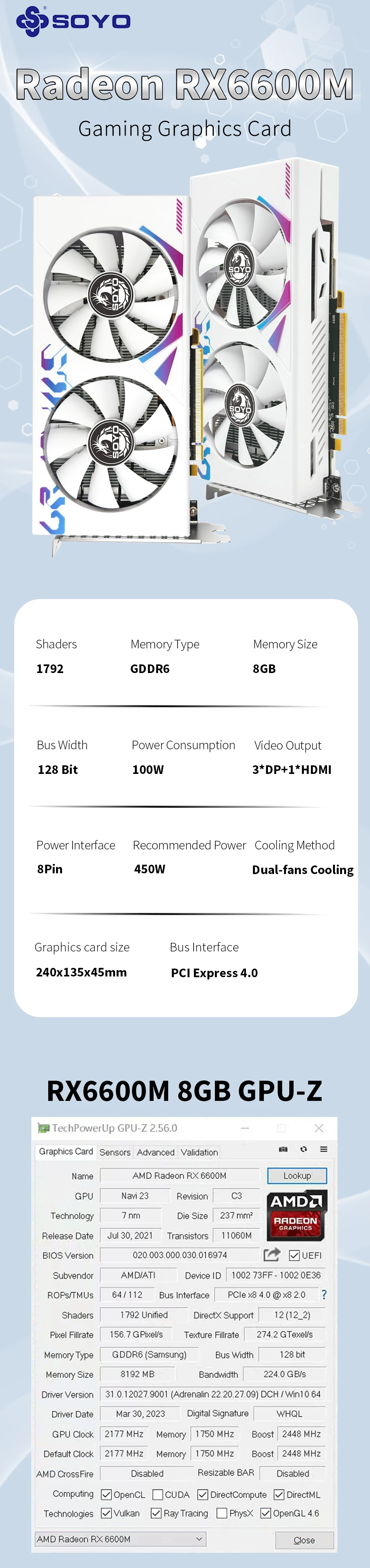 Description Picture 3 of itemSOYO new AMD placa de video Radeon RX6600 RX6600M 8GB 8Pin 128Bit DDR6 PCIE4.0x8 Gaming Graphics Card for Desktop Computer GPU