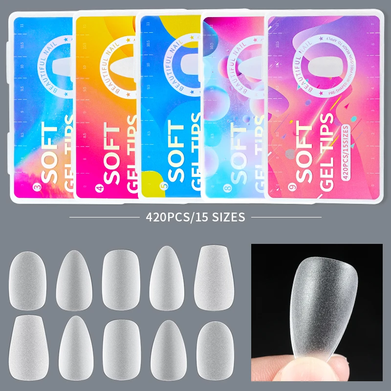 Fake Nails 420PCS Matte Almond Coffin T Shape Full Cover Frosted Artificial Nail Soft Gel Tips